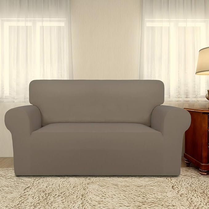 PureFit Stretch Loveseat Covers Fleece Couch Covers for SofaNatural | 1-Piece Sofa Slipcover Soft Couch Protector, Sofa Cover Washable with Non Skid Foam and Elastic Bottom for Kids, Dogs