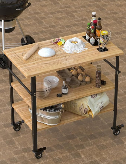 GarveeLife Pizza Oven Table 33 in x20 in x35.5 in, Outdoor Grill with 4 Wheels, Three-Shelf Bamboo Wood Bar Cart Dining Prep Food Prep & BBQ Grill Table, Wood Color