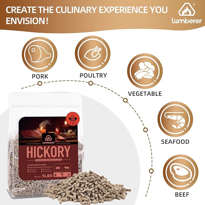 Lumberer Hickory Wood Pellets – Bold Smoky Flavor for Beef & Pork – 5LBS High-Heat BBQ Pellets, Clean Burn & Chemical-Free
