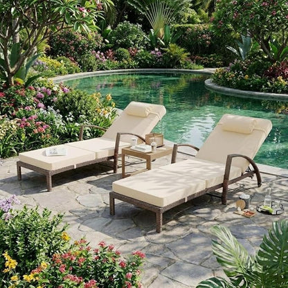 Garvee Outdoor Chaise Lounge Set of 2, 5-Position Adjustable PE Wicker Reclining Chairs with Wheels & 3.5" Cushions, 400 lbs Capacity All-Weather Patio Furniture for Poolside, Garden, Beach(Beige)
