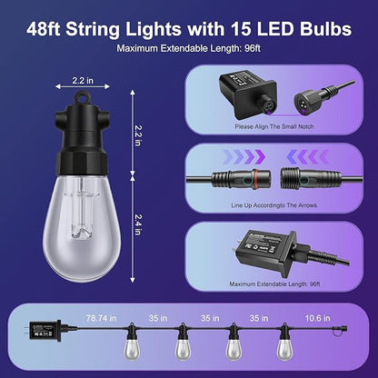 Outdoor String Lights 48ft, Patio Lights with 15 Dimmable LED Bulbs, RGBW & Warm White, IP67 Waterproof, Shatterproof, APP & Remote Control, Color Change, Customizable Colors for Backyard Decor
