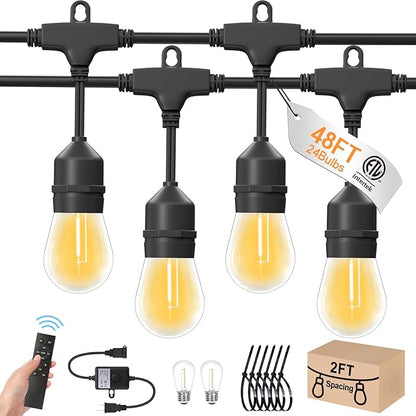 48ft Outdoor String Lights with Remote & Dimmer,24+2 Commercial Grade IP65 Waterproof Bulbs, 2700K Warm White,3 Lighting Modes & Timer,Includes 30 Cable Ties for Patio,Garden, Party