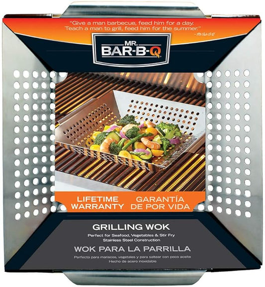 Stainless Steel Grilling Skillet - Large Strainer Basket with Built-In Handles - Grill Pan for Seafood & Vegetables - Outdoor Cooking, Camping & Backpacking Grilling Accessory by Mr. Bar-B-Q 06034Y