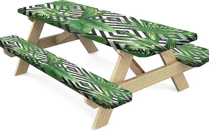 Palm Leaves Picnic Fitted Tablecloths and Bench Covers, Tropical Jungle Plant Leaf Print Elastic Edge Table Cover, 72x28 Inch, 3 Pcs Set Rectangle Tablecloths for Indoor Outdoor Dinner Party Patio Use