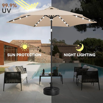 10 ft Solar Patio Umbrella Outdoor with Centre Light, Beige | 24 LED Lights, UV Protection, Solar Outdoor Umbrella for Porch, Deck, Pool, Table, Garden, Provides Evening Lighting