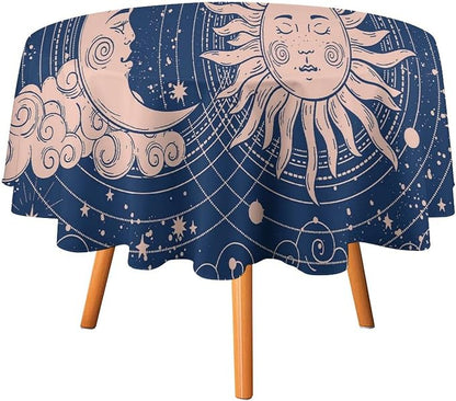 Moon Sun Round Tablecloth Vintage Boho Celestial Star Magical Galaxy Space Table Cloth Water Resistant Wipeable Table Cover for Farmhouse Picnic Party Holiday Kitchen Dinner Table 36"
