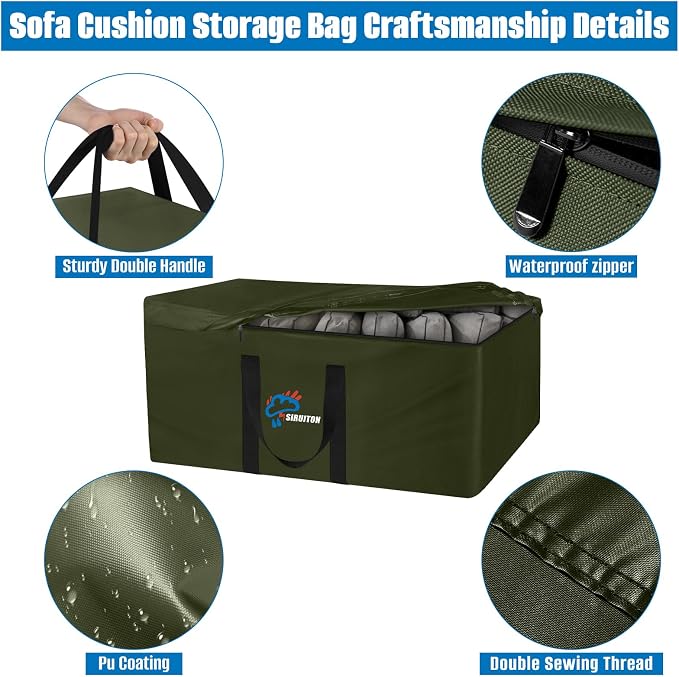 SIRUITON Cushion Storage Bag 600D Oxford,Waterproof,69"L x 29.5"W x 21.6"H | Heavy duty, rip proof, with handle & zipper, for patio & garden cushions, UV-resistant, all-weather protection