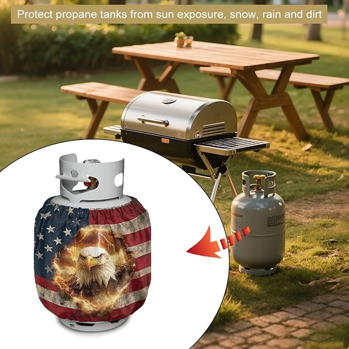 Camper Propane Tank Cover USA Flag Eagle Outdoor 600D Heavy Duty Waterproof Covers Fits Standard 20 lb Cylinder, 13.7'' x 16.5'' for Rv Trailer 2 pcs