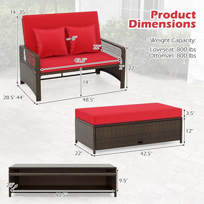 Tangkula Patio Adjustable Wicker Daybed, Rattan Loveseat & Storage Ottoman w/ 4-Level Backrest & Soft Cushions, Space-Saving 2-Person Sun Lounger for Backyard, Porch (Red)