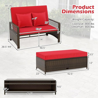 Tangkula Patio Adjustable Wicker Daybed, Rattan Loveseat & Storage Ottoman w/ 4-Level Backrest & Soft Cushions, Space-Saving 2-Person Sun Lounger for Backyard, Porch (Red)