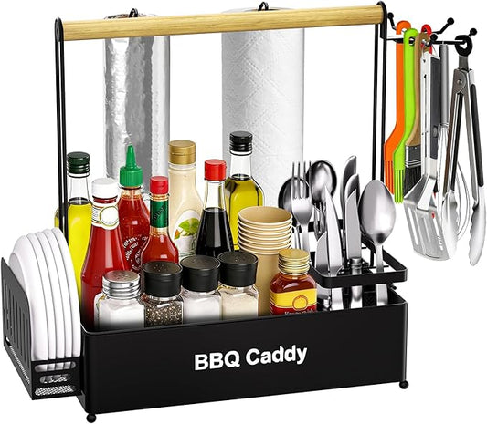 Grill Caddy, BBQ for Outdoor Grill with 2 Paper Towel Holders, Picnic BBQ Condiment Utensil Organizer Caddy for Outdoor Cooking, Rv, Camping Essential, Camper Must Haves,Gifts for Men