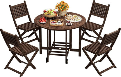 Greesum 5-Piece Outdoor Patio Dining Set, Acacia Wood Folding Bistro Set, All-Weather Furniture with Round Table & Chairs for Garden, Deck, Balcony, Pool, Dark Brown