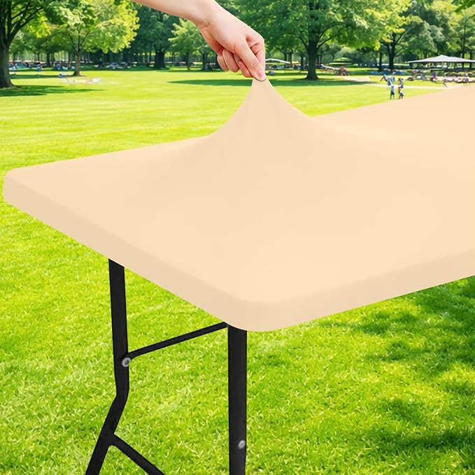 Moosfor Spandex 4 Foot Rectangle Table Cloth, Elastic Fitted Tablecloths for Picnic, Stretch Washable Patio Table Cover for Outdoor, Camping, Banquet and Parties (Ivory, 24"x48")