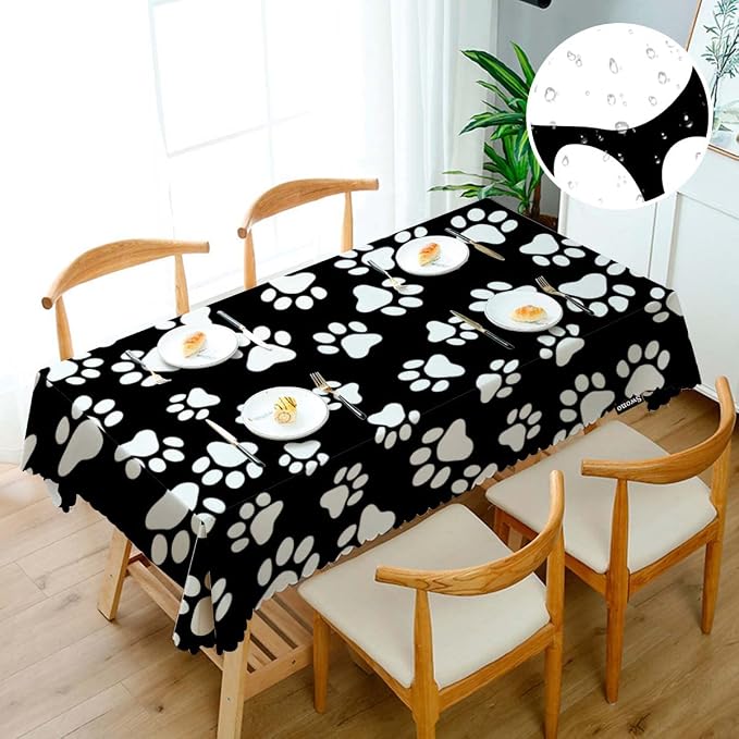 Swono Decorative Rectangle Table Cloth Dog Paw, Cat Footprint Dog Paw Prints Black White Polyester Tablecloth Kitchen Table Cover for Dining BBQ Picnic Coffee Table 50x72, 4-6 Seats