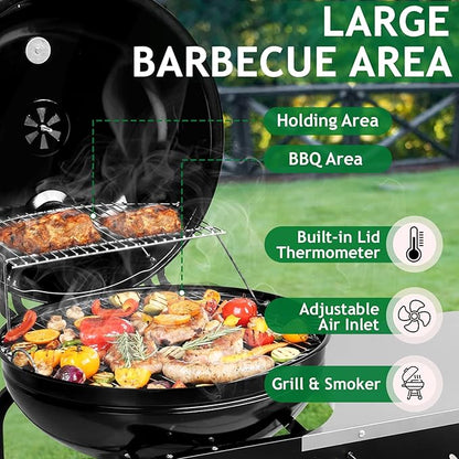 43" Portable Charcoal Grill with Cart 21" BBQ Grill with Porcelain-Enameled Lid, Slide-Out Ash Catcher and Thermometer for Backyard Camping Picnic and Tailgating Garden Party Easy-to-Clean