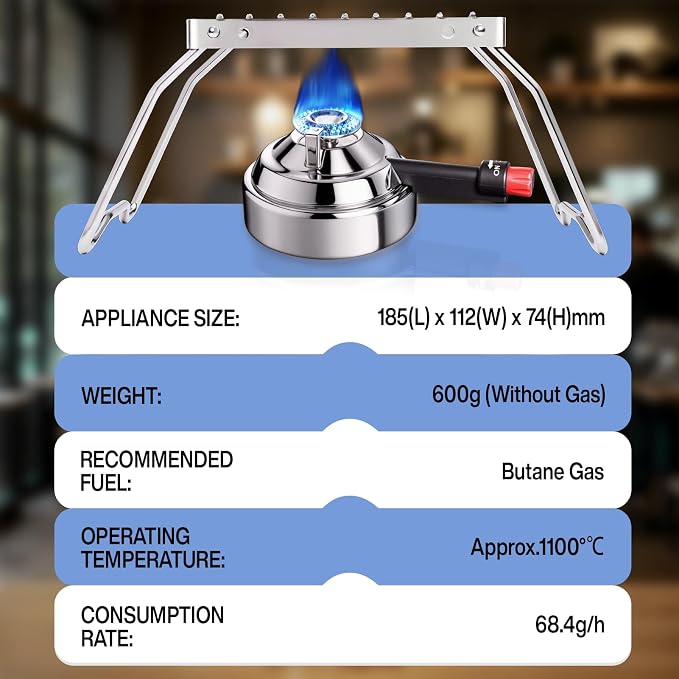 Bluefire Butane Mini Burner self-ignition with stove stand Ideal for Lab or Home- Syphon Coffee Making, Fondue Warmer, S’mores Maker