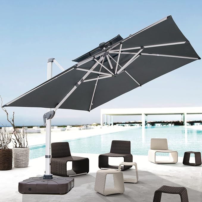 Cantilever Patio Umbrella with Cross Base and Cover Included - 360° Rotation Large Heavy Duty Offset Outdoor Umbrella with Easy Tilt for Pool Backyard Deck Garden (10x10 FT Grey)