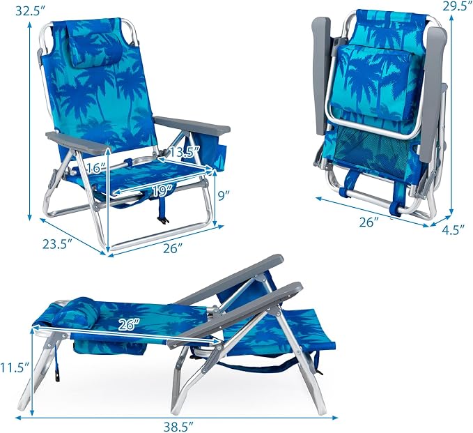 GYMAX Beach Chairs, Backpack Camping Chair | with Armrest, Cooler Bag, Cup Holder & Towel Bar, Sunbath Tanning Lounge, Folding Layout Chair (Without Table, Coconut Tree)