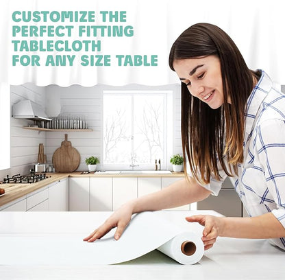 Tablecloth Roll – 54" X 110' White Premium Plastic Table Cloths with Cutter Box - Cut to Size - Decorative Rectangle Table Cover Smooth Tablecloth - Disposable Table Cloths for Parties, Weddings.