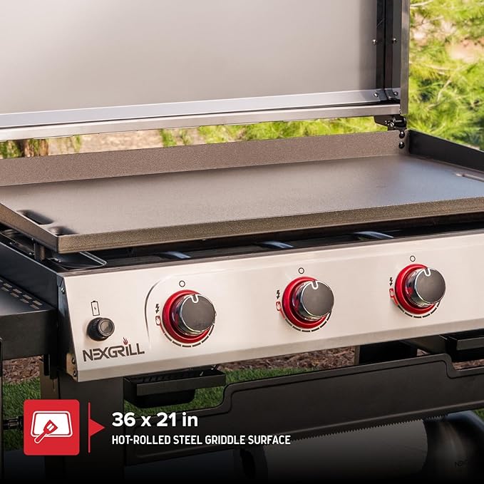 Nexgrill Daytona 4-Burner Propane Gas Griddle with Side Tables, 60000 BTU Flat Top Grill, 756 SQ In. Hot-Rolled Steel Cooking Space, Outdoor Cooking Barbeque, Black with Stainless Steel Lid - 720-1058