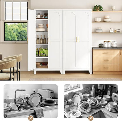 Zevemomo 71" Metal Pantry Cabinet, Tall Metal Storage Cabinet for Kitchen | Steel Cabinet with 2 Doors and 4 Adjustable Shelves, Freestanding Cupboard for Kitchen, Bathroom, Dinning Room or Laundry