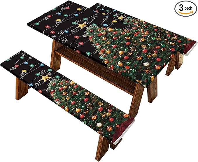 Christmas Tree Elastic Picnic Table Cover with Bench Covers Colored Lights Xmas Decoration Camping Table Cloth for Picnic Table 3 PCS Set Size S/L