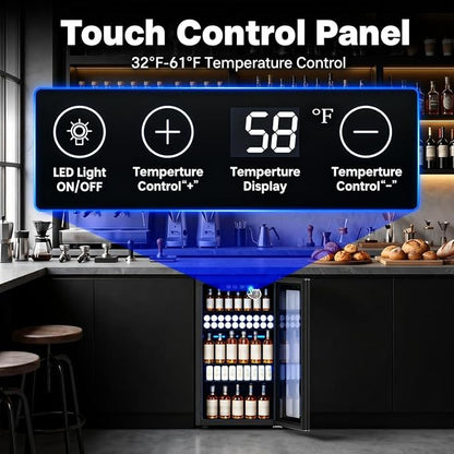 COWSAR 3.2 Cu. Ft. Beverage Refrigerator, Up to 130 Cans or 26 Bottles | Electronic controls with an LED display adjust cooling from 32–61°F, while the glass door keeps drinks easy to view.