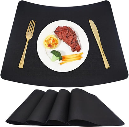 Round Table Placemats Set of 4, Faux Leather Wedge Shape Place Mats Heat Resistant Wipeable Washable Table Mats, Heavy Duty Kitchen Dining Mats(Black)