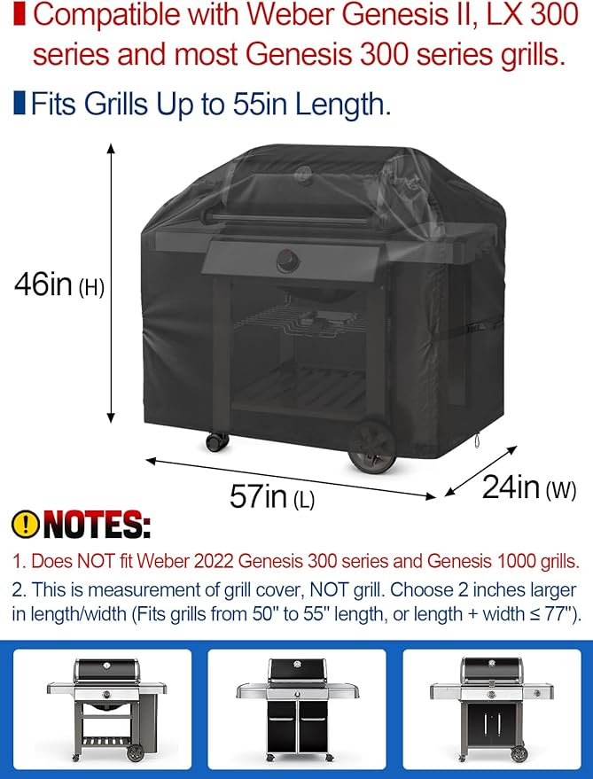 PAMASE 57in Grill BBQ Cover fits Weber Genesis II, LX 300 Series & Genesis 300 Series - Waterproof Gas Cover for Outdoor Grill, UV Fade & Rip Resistant, Compatible with Dyna-Glo, Nexgrill, Char-Broil