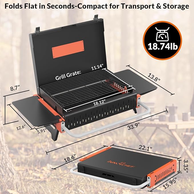 Portable Charcoal Grill, Foldable Tabletop BBQ Grill for 2-4 People | Fold-Flat Camping Grill, Removable Ash Pan, Side Shelves, Locking Lid for Backyard, Patio, Tailgating & Outdoor Cooking