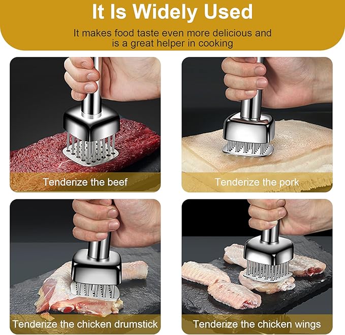 Meat Tenderizer Tool, 304 Stainless Steel, with 28 Needles & Retractable Safety Guard, Square Head Covers More Surface for Beef Steak Chicken Turkey, Dishwasher Safe