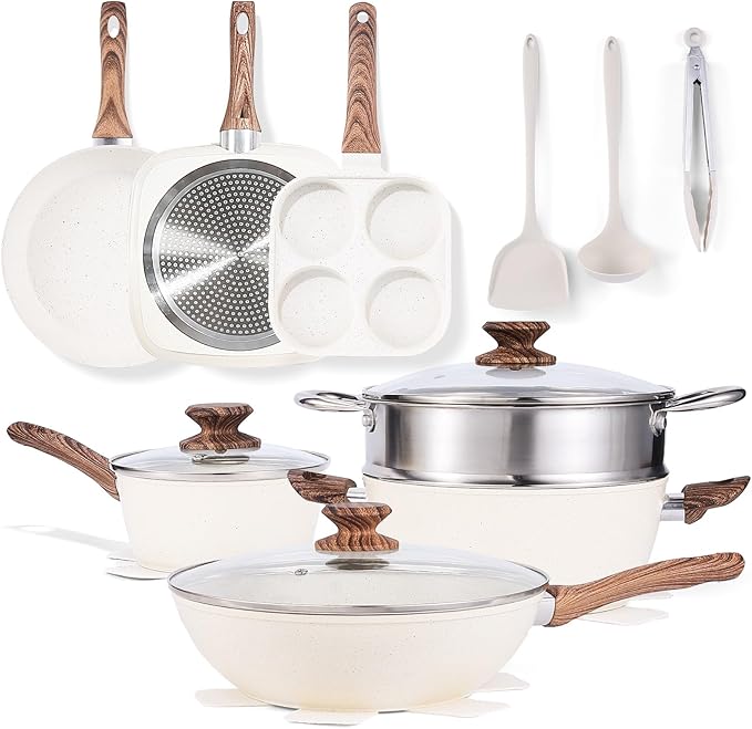 NEWBULIG 17-Piece Nonstick Cookware Set, Dishwasher Safe Non-Toxic Pots and Pans with Stay-Cool Handles, Induction Compatible Cookware, PFAS & PFOA-Free, Cream White