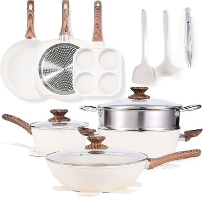 NEWBULIG 17-Piece Nonstick Cookware Set, Dishwasher Safe Non-Toxic Pots and Pans with Stay-Cool Handles, Induction Compatible Cookware, PFAS & PFOA-Free, Cream White