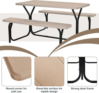 Metal Picnic Table with 2 Benches, Brown