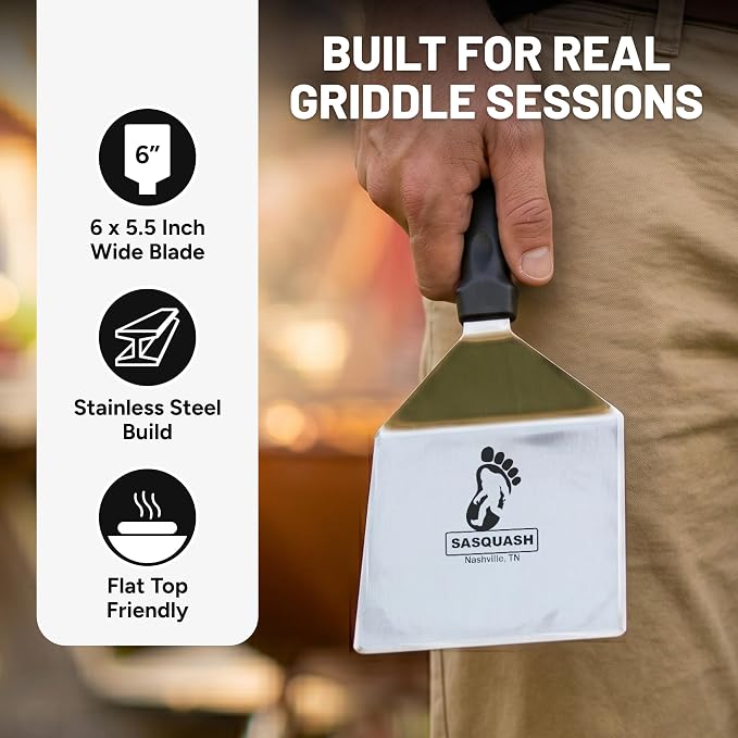 Sasquash Mammoth Smash Burger Spatula, Stainless Steel, 6 x 5.5 Inch Blade | Extra Wide Turner Built For Kitchen Use, Heavy Duty Flat Top Cooking Tool, Griddle Cooking Essential Item, Cookout Season