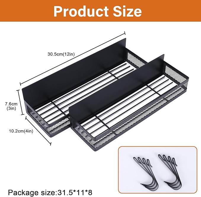 2-Pack Magnetic Storage Bin for Charcoal Grill with 8 Hooks, Shelf for Outdoor Smoker, Food-Grade BBQ Tool Organizer for Pellet Grill, Black