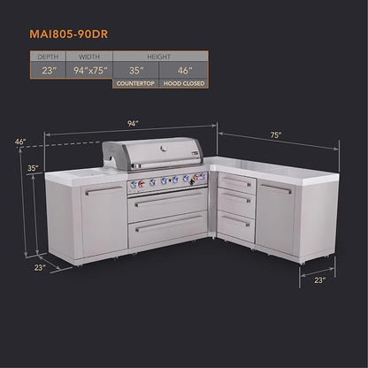 Mont Alpi Premium 94"W x 75"D x 46"H L-shaped Stainless Steel Modular Outdoor Kitchen Island with Side Burner + 44"W 6-Burner BBQ Gas Grill + White Granite Countertops + Storage Cabinets and Drawers