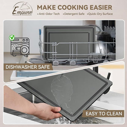 Empune 3-Piece Plastic Cutting Boards for Kitchen - Thick & Non-Slip Chopping Board Set with Juice Grooves, Dishwasher Safe, BPA Free, Includes Large & Small Sizes, Gray