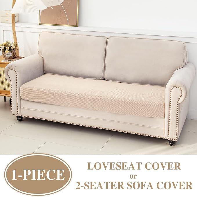 LA MEACK Couch Cushion Cover Loveseat Cover or 2 Seat Sofa Cover Washable Stretch Sectional Sofa Slipcover(1 Piece for Loveseat or Sofa 2-Seater, Natural)