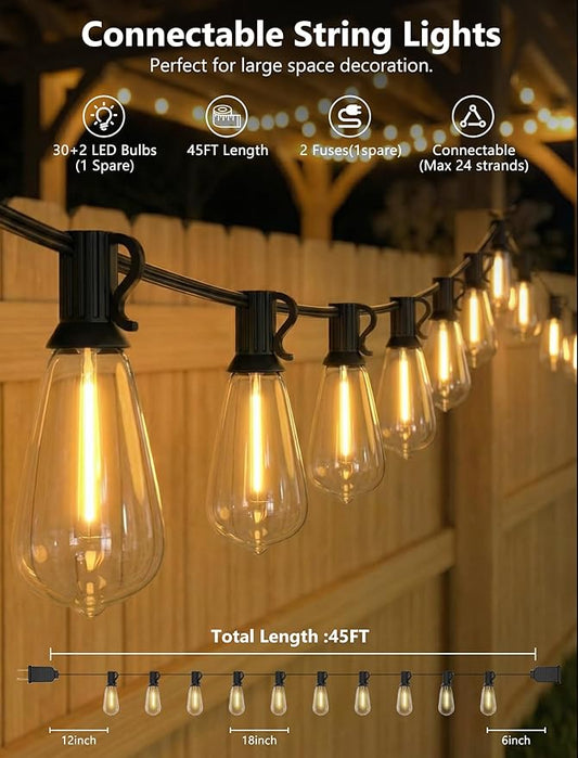 45FT Outdoor String Lights, 30 ST40 Shatterproof Vintage Edison Bulbs, Black Cord Waterproof LED Plug-in Commercial Patio Light, Hanging Decor for Large Backyard Wedding