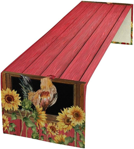Home Dining Table Runner Dresser Scarf Linen Burlap Fabric,Farm Red Barn Chicken with Sunflower Kitchen Dining Table Decoration for Indoor Party Home 13x108 Inch