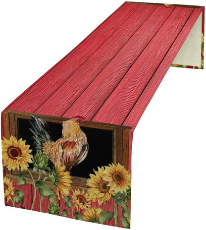 Home Dining Table Runner Dresser Scarf Linen Burlap Fabric,Farm Red Barn Chicken with Sunflower Kitchen Dining Table Decoration for Indoor Party Home 13x90 Inch