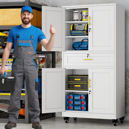 71" Metal Garage Storage Cabinet with Wheels and Locking Doors and Tall Rolling Steel Tool Cabinet with 3 Adjustable Shelves for Garage,Home,Office,Shop (White, 71" H x 35.43W x 15.74" D)