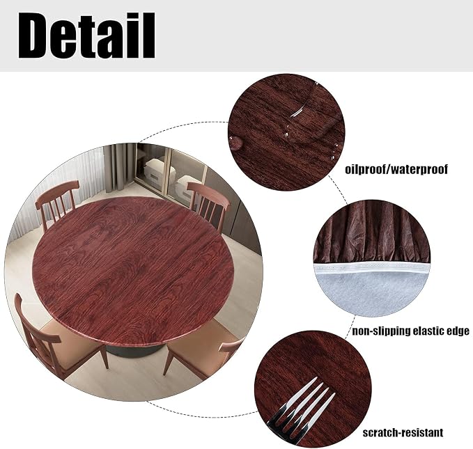 LUSHVIDA Round Waterproof Table Cover Elastic Vinyl Fitted Tablecloth Elastic Edged Plastic Table Cloth (Mahogany, Best for Up to 45"-56" Round)