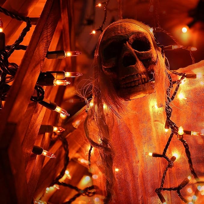 BrizLabs Orange Halloween Lights 300 Count 69.6ft Incandescent Light String | Connectable; UL Certified; Waterproof Outdoor Autumn Fall Mini Tree Lights Green Wire for Halloween Thanksgiving Xmas Indoor