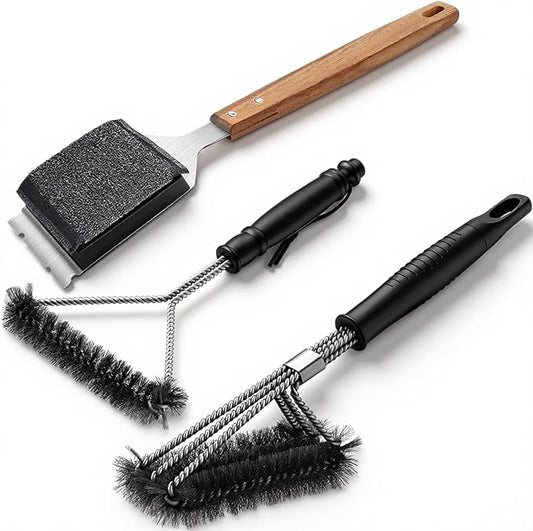 3 Pcs 304 Stainless Steel BBQ Grill Brush, 16.7'' Grill Brush Bristle Free, 15 ''Three-Head and 12''Three-Sided Brushes for Outdoor BBQ Accessories, Ideal Gift for Men/dad