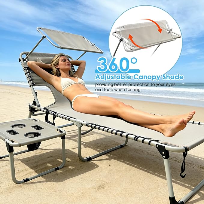 Outdoor Tanning Chair with Sun Canopy Shade & Face Hole, Folding Lounge Chair with Beach Table and Carry Bag for Poolside Sunbathing Lawn