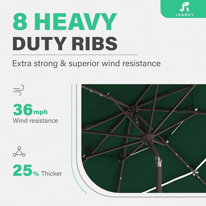 JEAREY 9 ft 3-Tier Outdoor LED Lighted Patio Umbrella w/Crank, Dark Green | Solar Market Table Umbrella with 8 Sturdy Ribs, UV Protection Waterproof Sunproof for Garden, Deck and Backyard