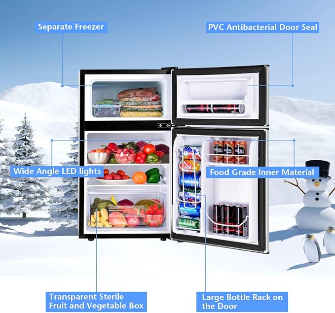 COSTWAY 3.2 Cu.ft. Mini Fridge with Freezer for Bedroom, Dorm, Office | Small Compact Refrigerator with Reversible 2-Door, Adjustable Temperature, LED Lights, Removable Glass Shelves, Grey