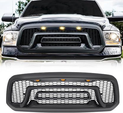Front Grille Compatible with 2013-2018 Dodge Ram 1500, 2019-2023 Ram 1500 Classic, Bumper Grill with Amber Lights (NO "RAM" LETTER)
